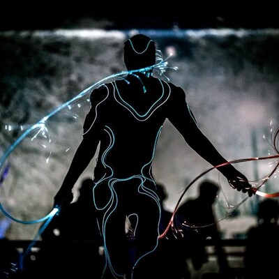 LED morph suits​ are used to interact with the audience and play freestyle during the event.